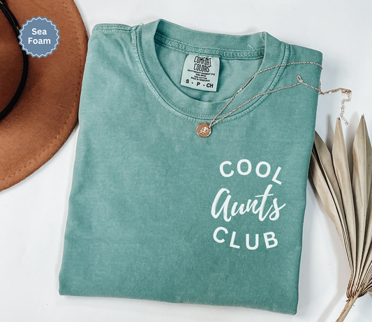 Comfort colors seafoam t-shirt with 'Cool Aunts Club' text on pocket.