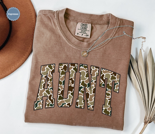 Comfort Colors espresso brown t-shirt with duck camo 'AUNT' varsity text.