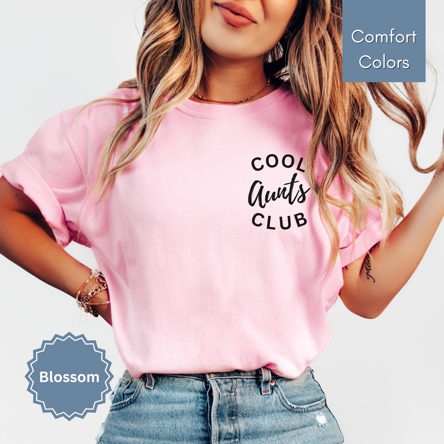 Comfort colors light pink blossom t-shirt with 'Cool Aunts Club' text on pocket.