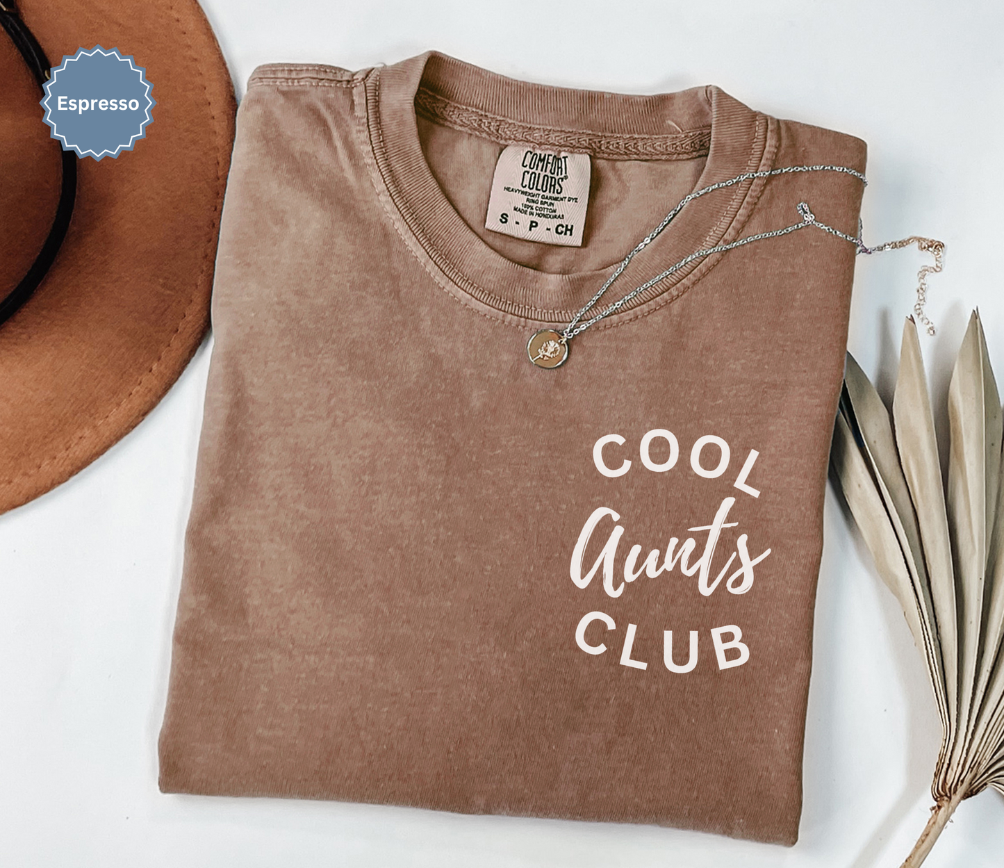 Comfort colors espresso brown t-shirt with 'Cool Aunts Club' text on pocket.