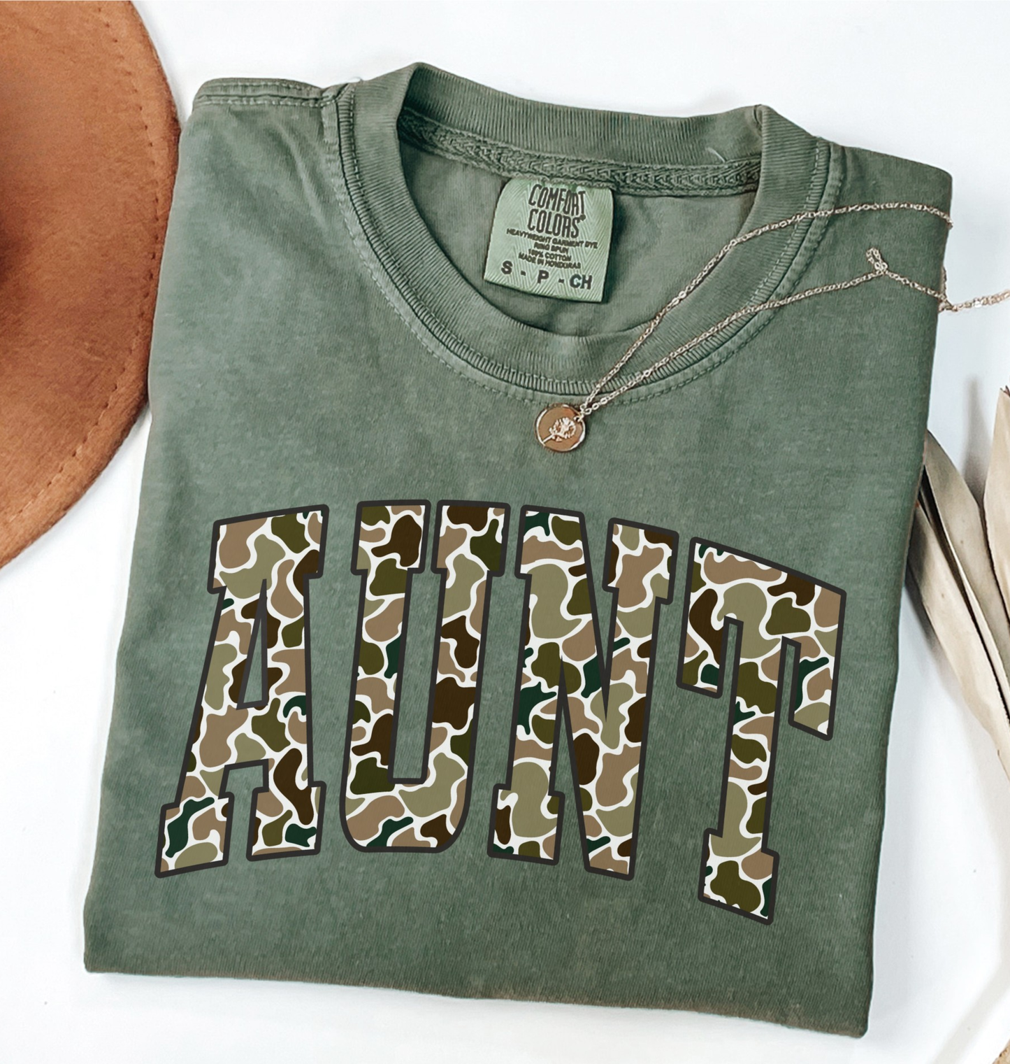 Comfort Colors Moss green t-shirt with duck camo 'AUNT' varsity text.