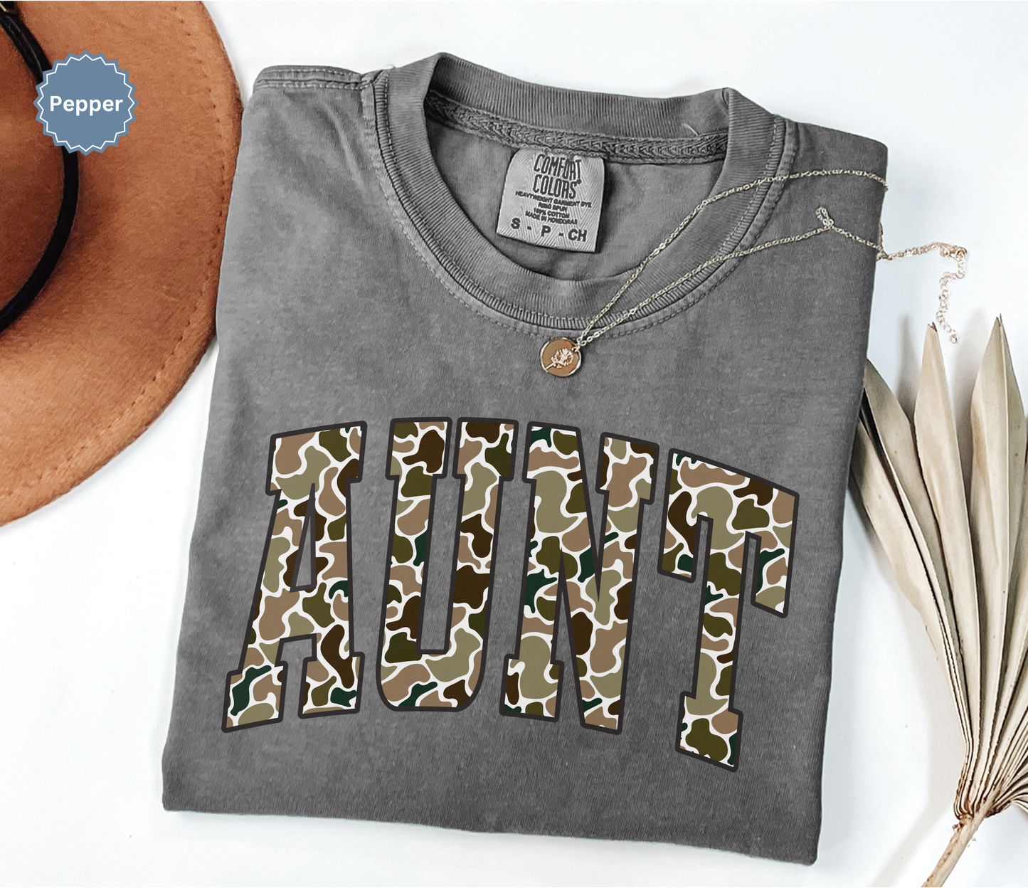 Comfort Colors dark gray pepper t-shirt with duck camo 'AUNT' varsity text.