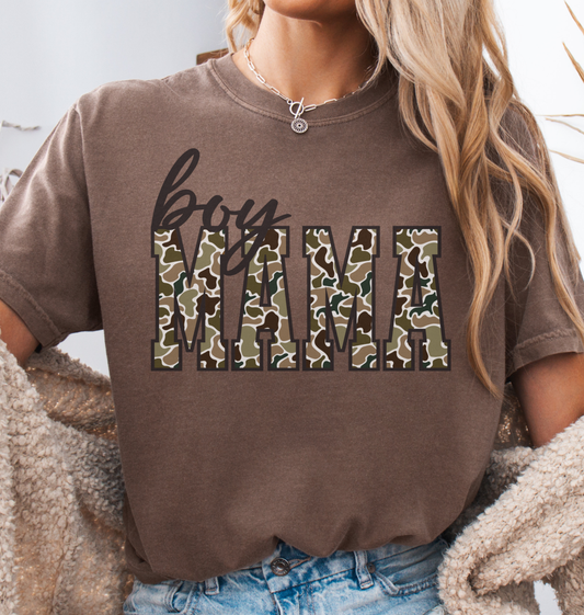 Comfort colors espresso brown t-shirt with 'MAMA' in duck camo print text.