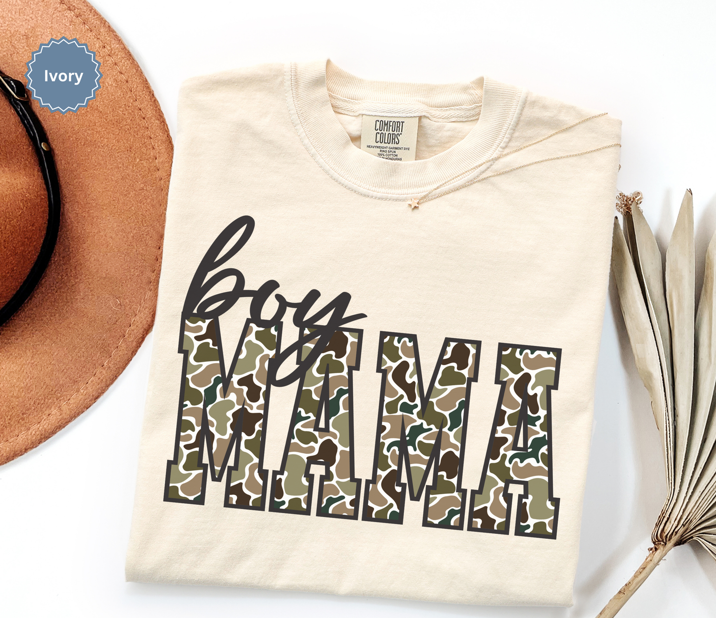 Comfort colors ivory t-shirt with 'MAMA' in duck camo print text.