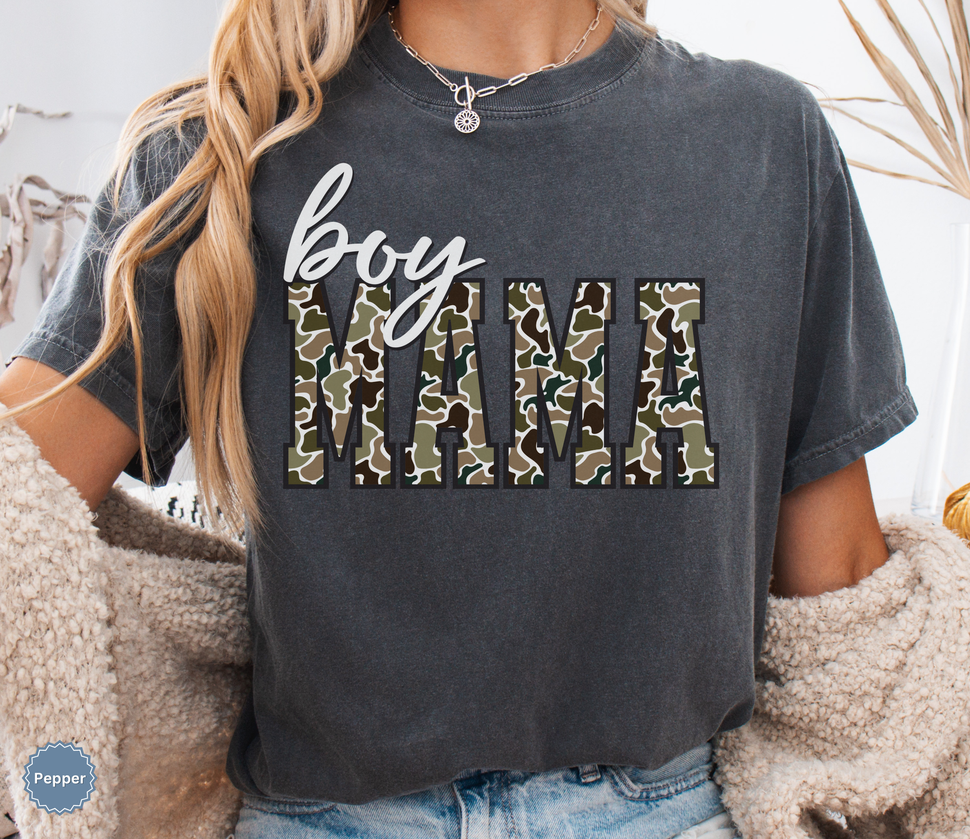 Comfort colors dark gray pepper t-shirt with 'MAMA' in duck camo print text.