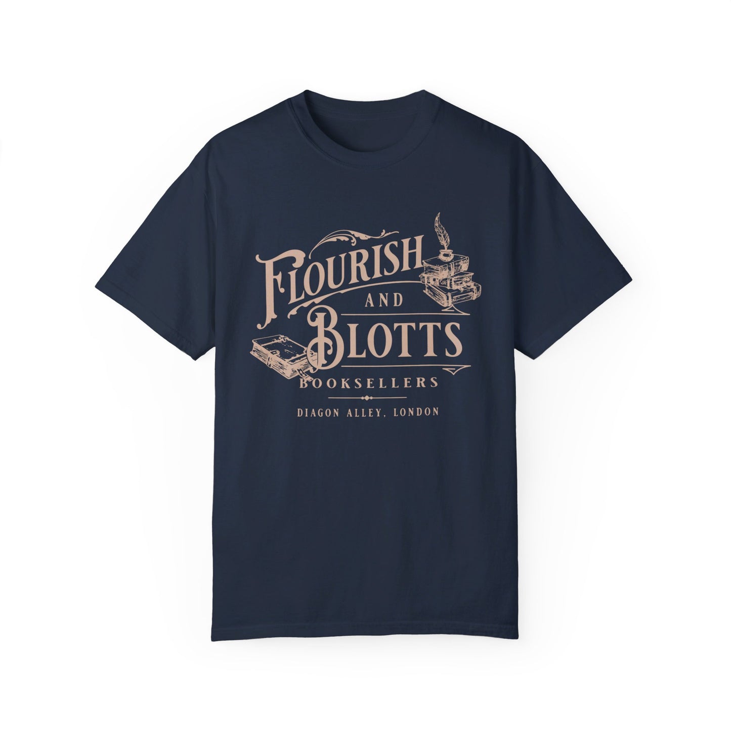 Flay laying navy blue comfort colors t-shirt with 'Flourish and Blotts Booksellers' design on a white background.