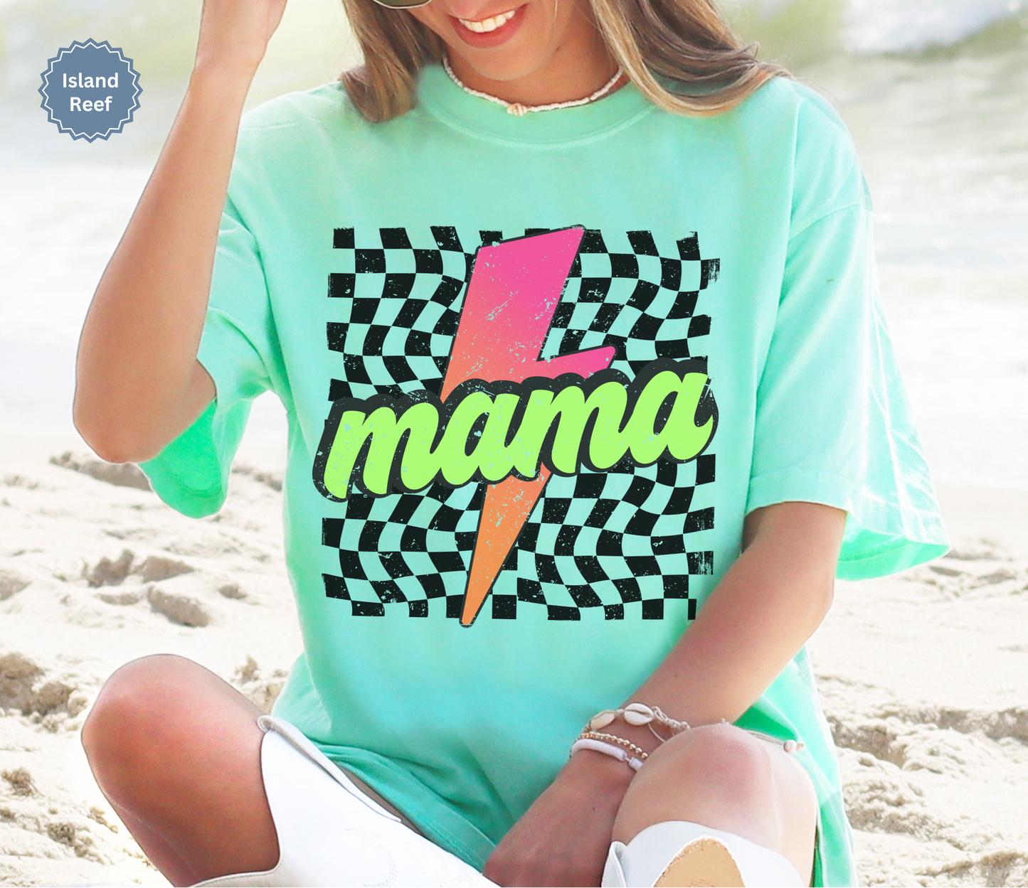 Comfort colors island reef shirt with colorful neon retro checkered pattern and lightning bolt graphics with "MAMA" text.