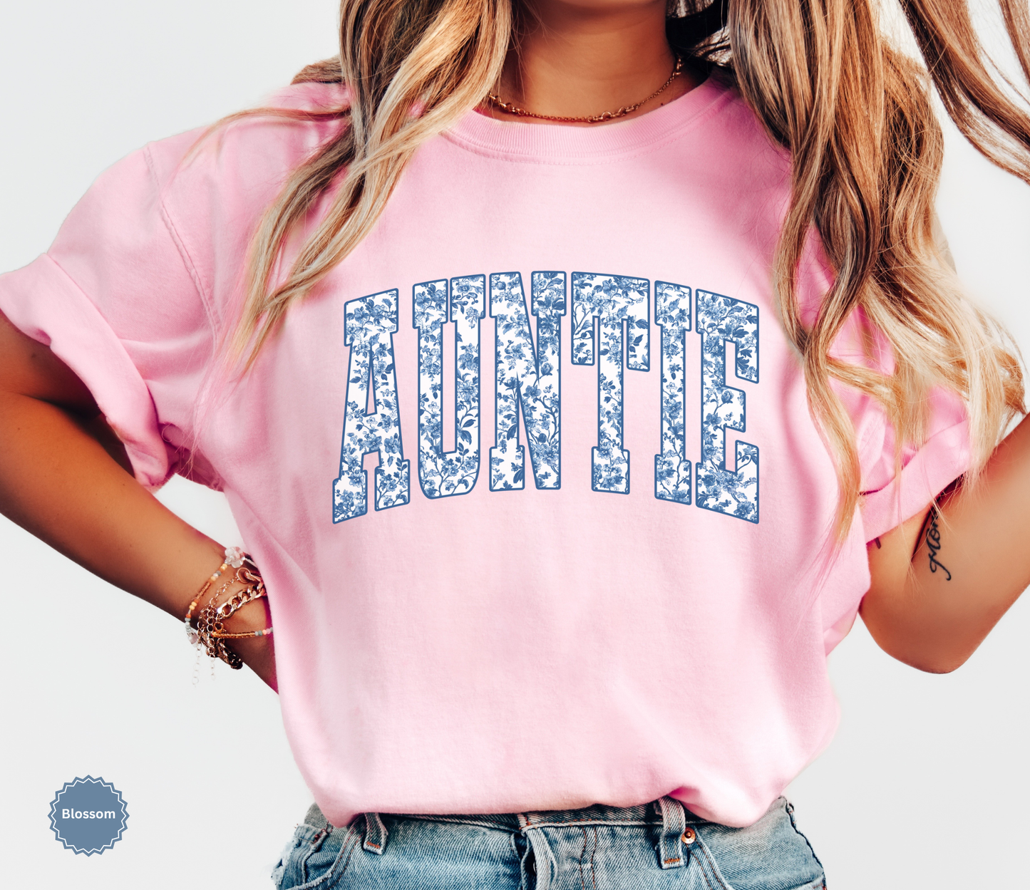 Comfort Colors light pink blossom t-shirt with 'AUNTIE' toile chinoiserie varsity text.