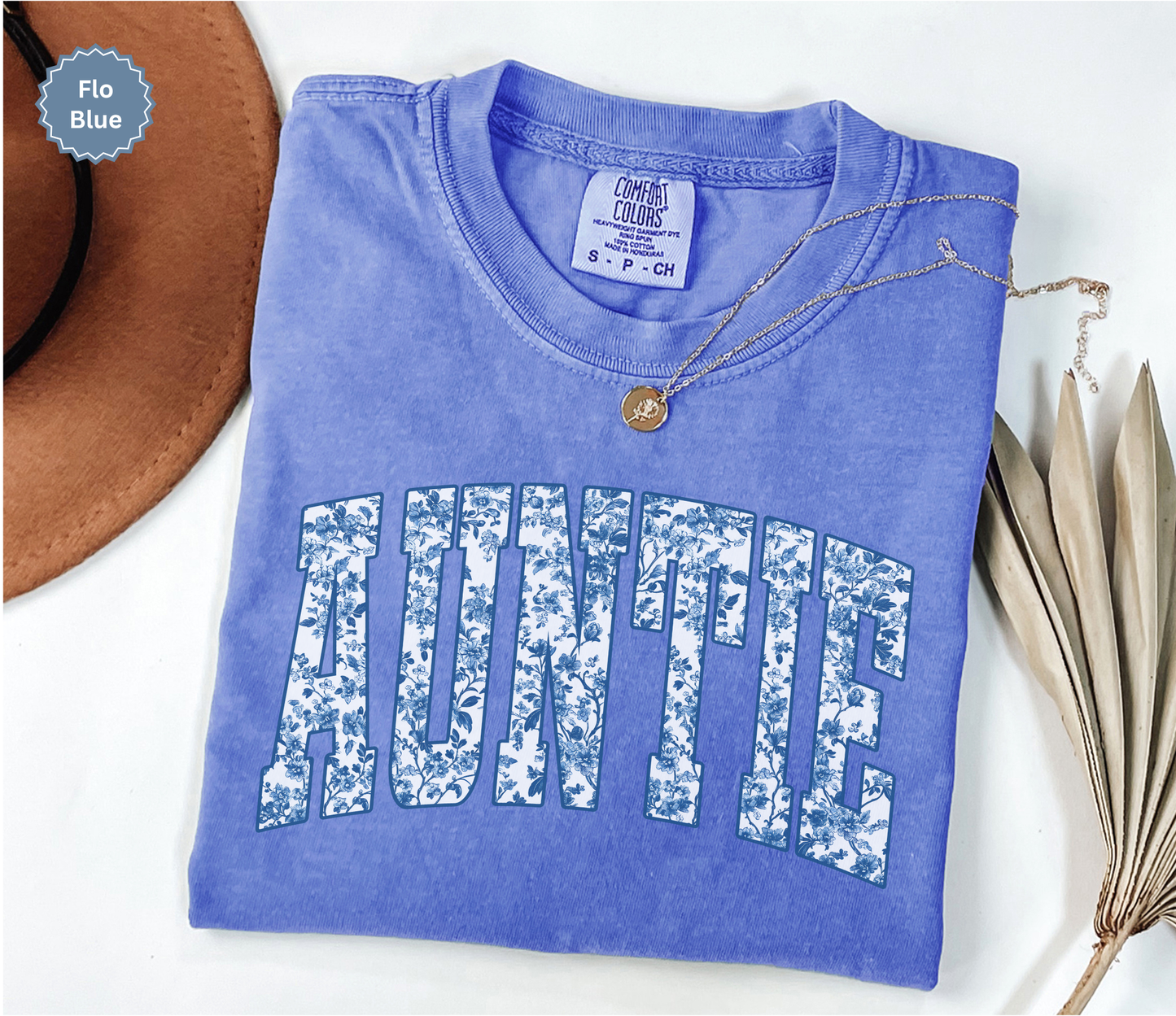 Comfort Colors flo blue t-shirt with 'AUNTIE' toile chinoiserie varsity text.