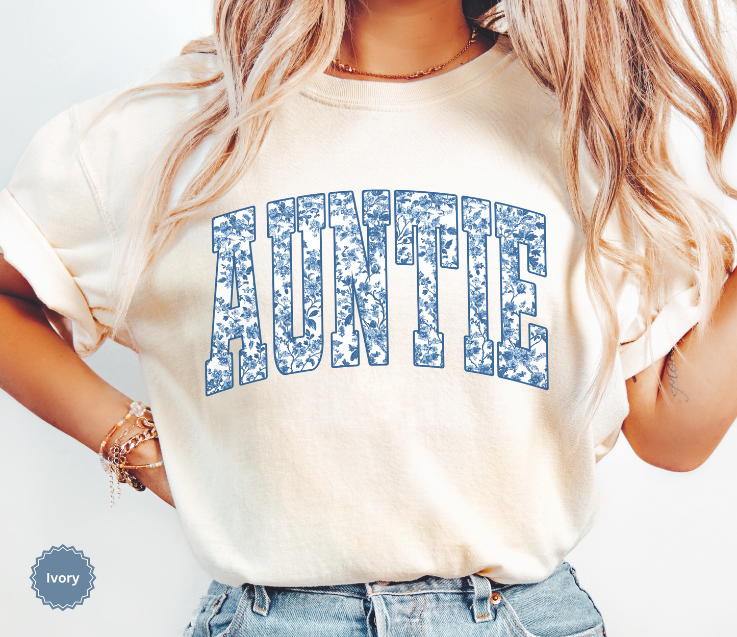 Comfort Colors Ivory colored t-shirt with 'AUNTIE' toile chinoiserie varsity text.