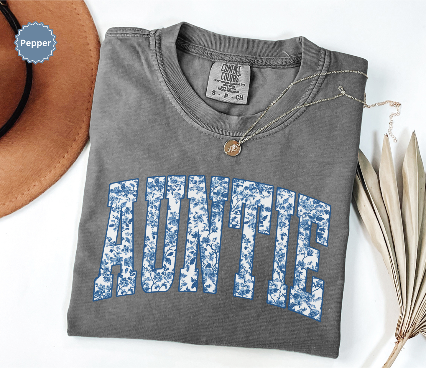 Comfort Colors Dark Grey Pepper colored t-shirt with 'AUNTIE' toile chinoiserie varsity text.