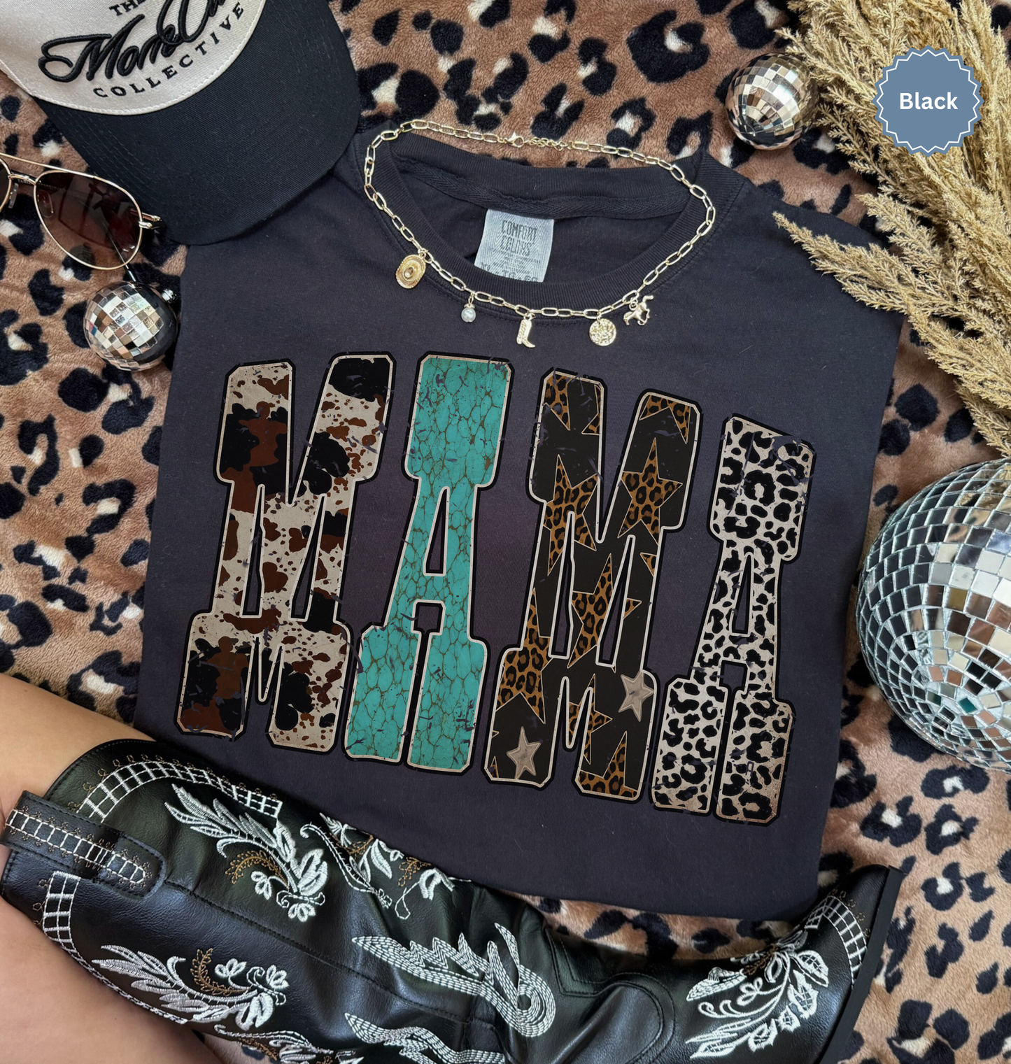 comfort colors black t-shirt with western inspired 'MAMA' text.