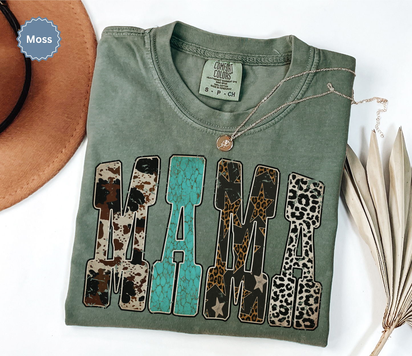 comfort colors moss green t-shirt with western inspired 'MAMA' text.