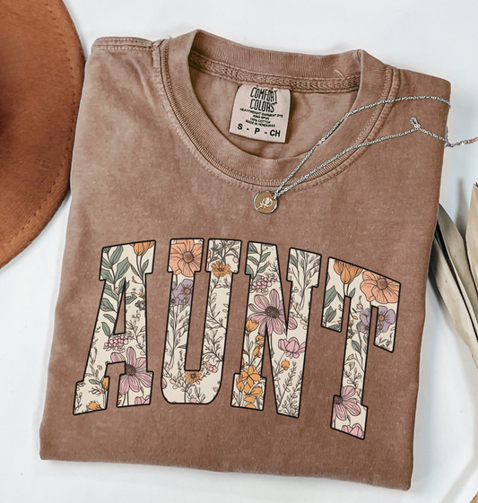 Comfort colors espresso brown t-shirt with floral 'AUNT' varsity text